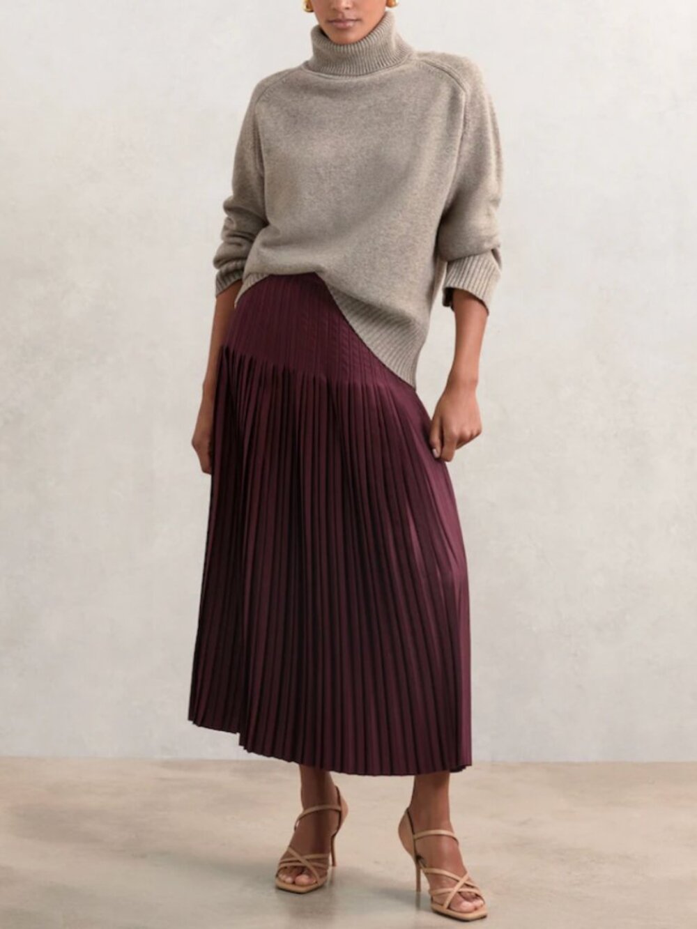 REISS Savannah Satin Pleated Midi Skirt - Burgundy Wine Quiet Lux